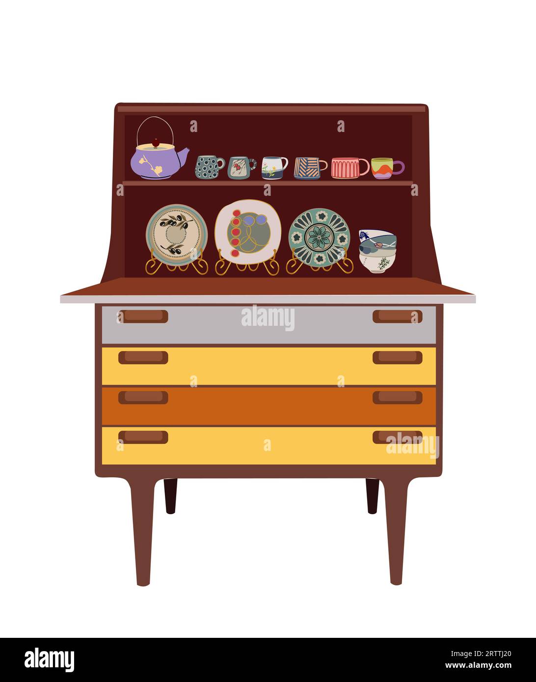 Wooden cupboard with ceramic crockery vector art Stock Vector Image