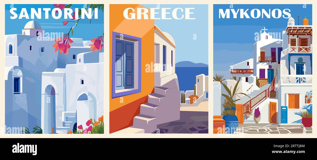 Set of Greece Travel Posters in retro style.  Stock Vector