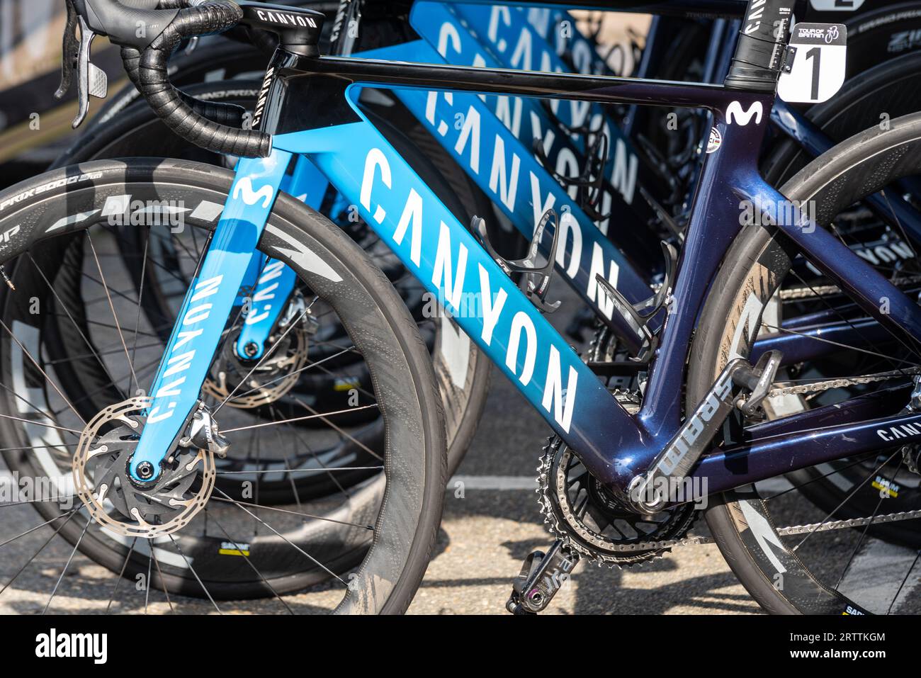 Canyon SRAM racing bicycles of team Movistar lined up at the Tour of Britain cycle race Stage 6 start in Southend on Sea, Essex, UK. Canyon Bicycles Stock Photo
