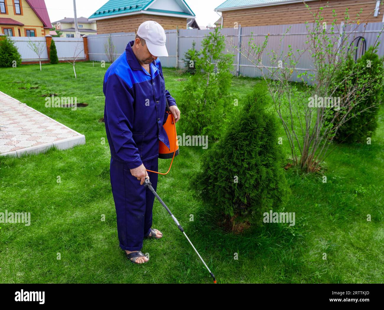 A man works in the garden, spraying weeds from a sprayer Stock Photo ...