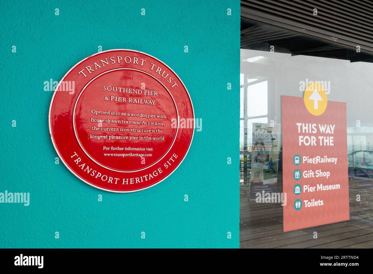 Plaque on Southend Pier visitor building, Southend on Sea, Essex, UK. National Transport Trust, Transport Heritage Site. Historic site Stock Photo