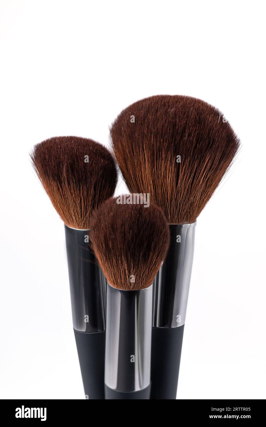 Professional make-up brush on white background. Different make up brushes for blusher, powder and bronzer. Stock Photo