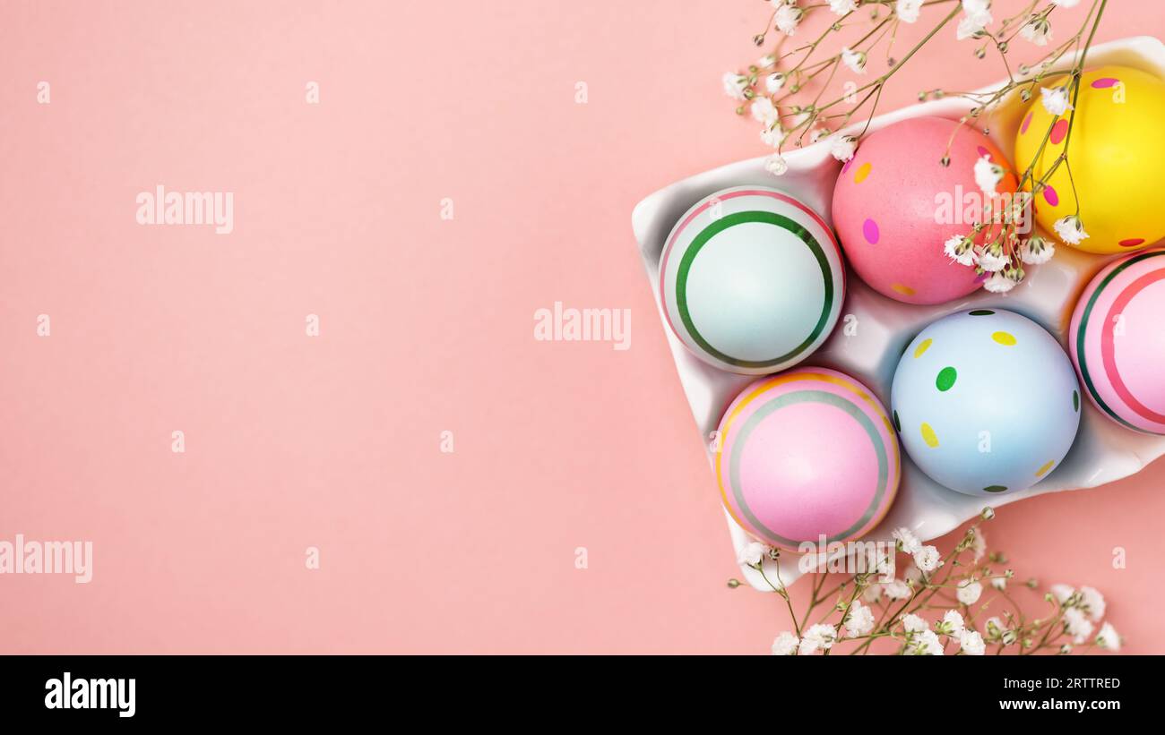 Colourful Easter eggs and gypsophila flowers background. Easter holiday composition with easter eggs with copy space. Stock Photo