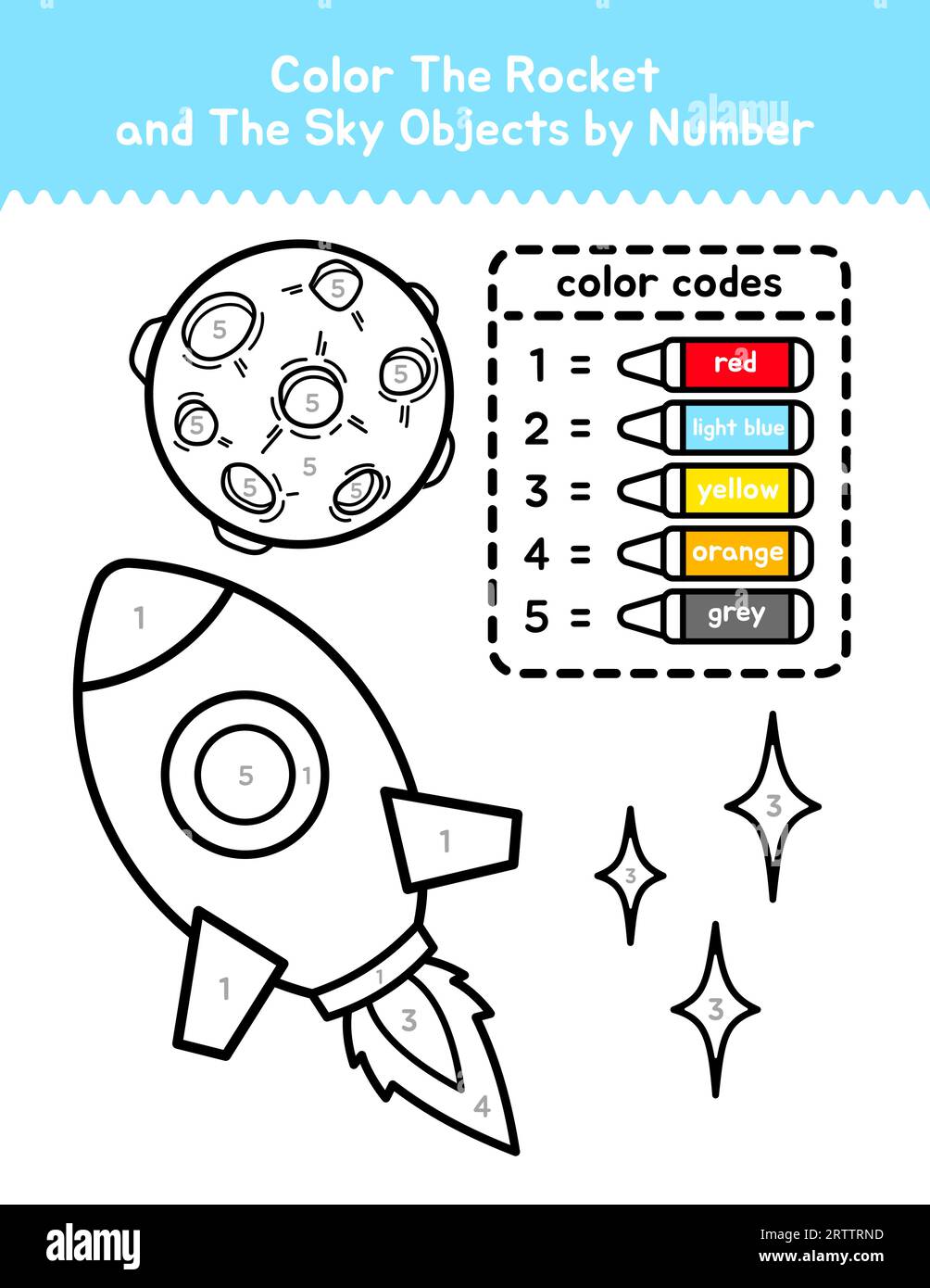 Cute Rocket And Space Color By Number Coloring Page For Children Stock