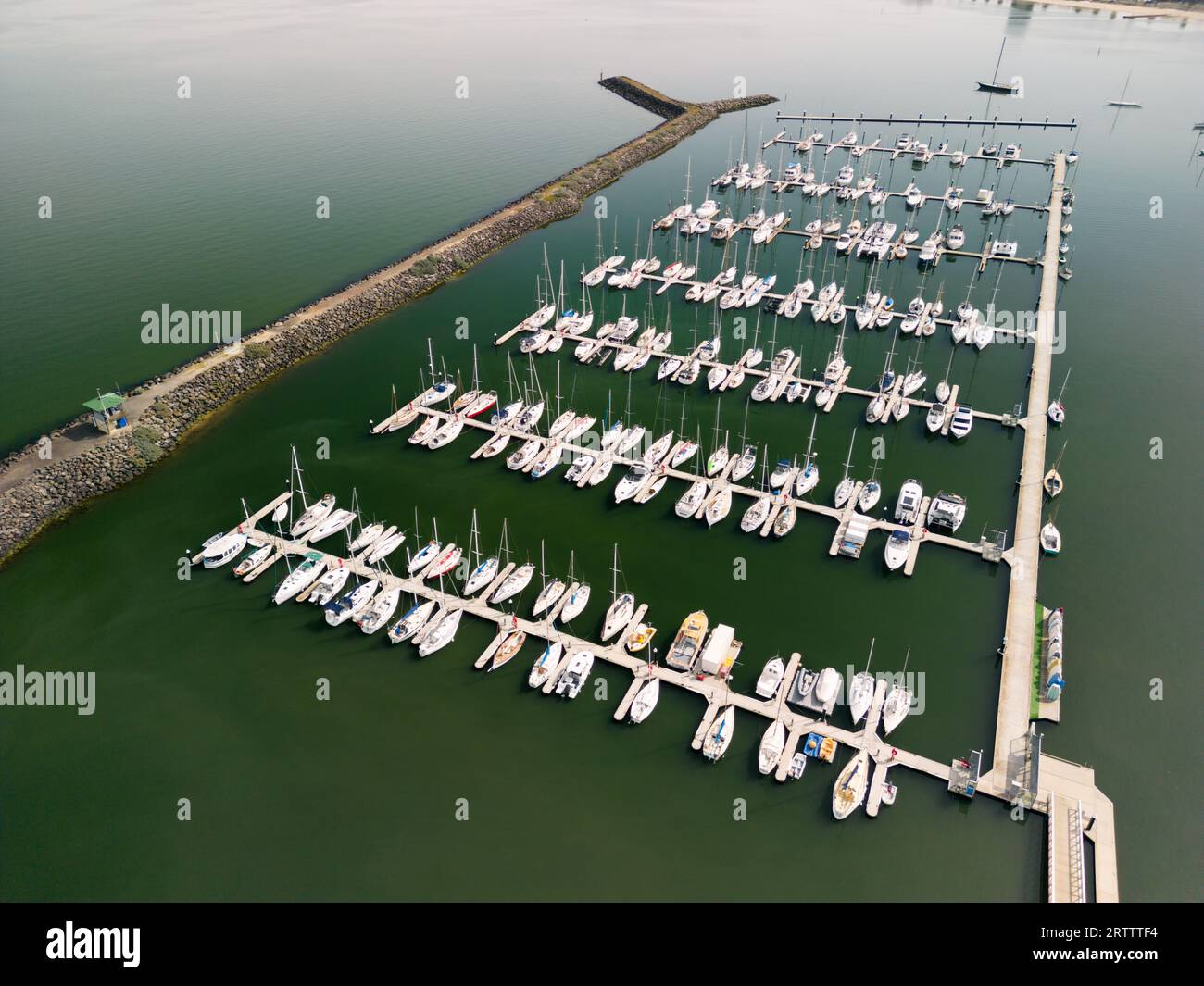 An aerial view of St Kilda Marina showing large boats moored on a