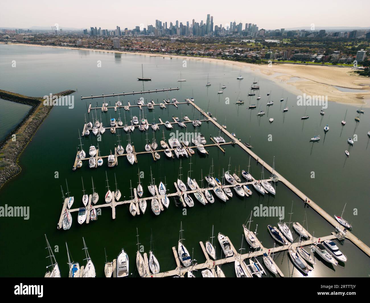 An aerial view of St Kilda Marina showing large boats moored on a
