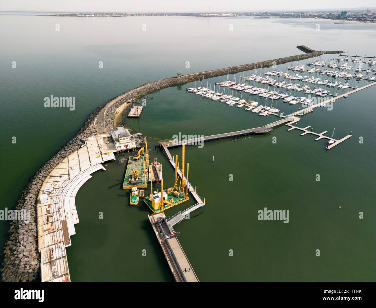 An aerial view of St Kilda Marina showing large boats moored on a
