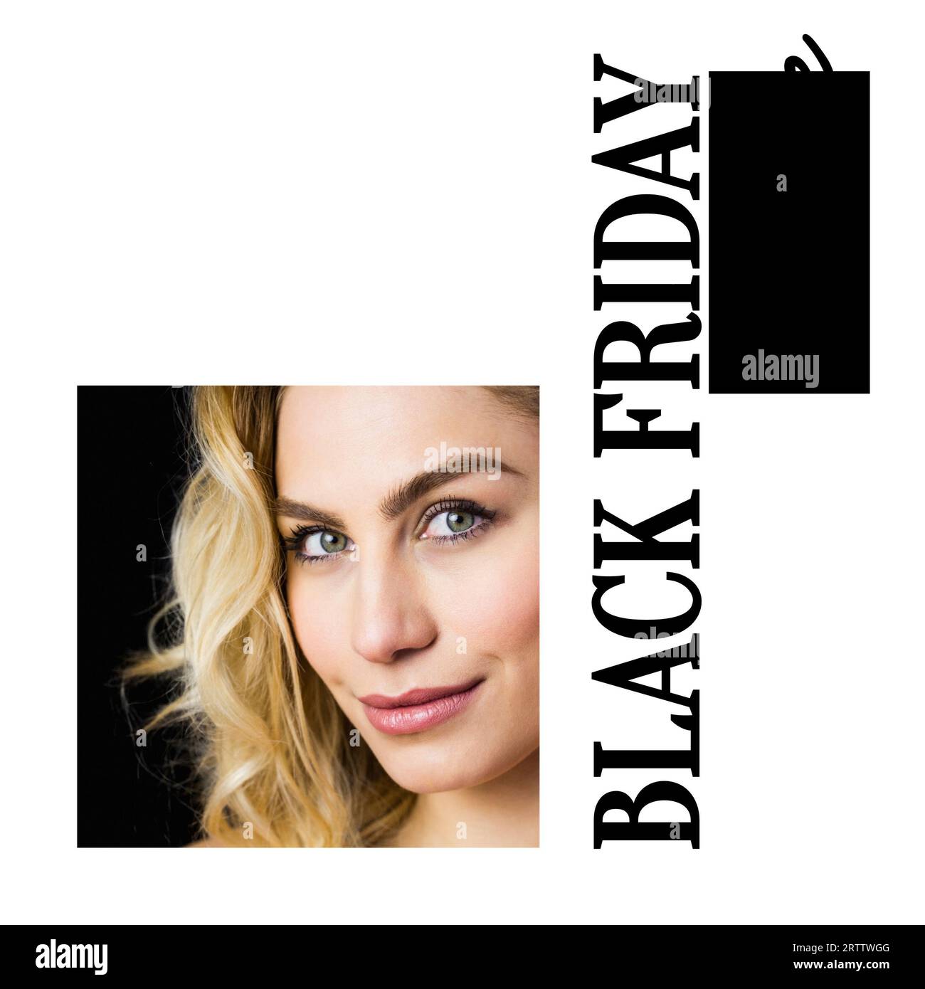 Black friday sale text with smiling caucasian woman on white background