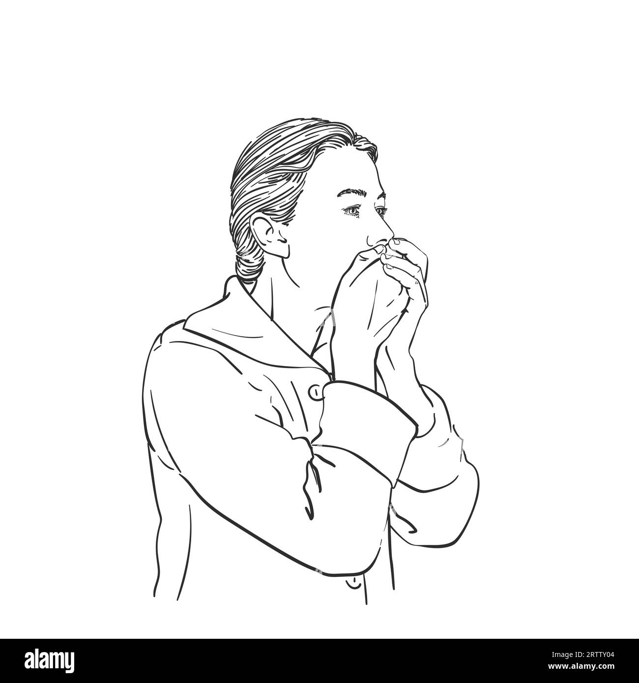 Sketch Of Coughing Woman Covering Her Mouth With Hands Hand Drawn Vector Illustration Stock