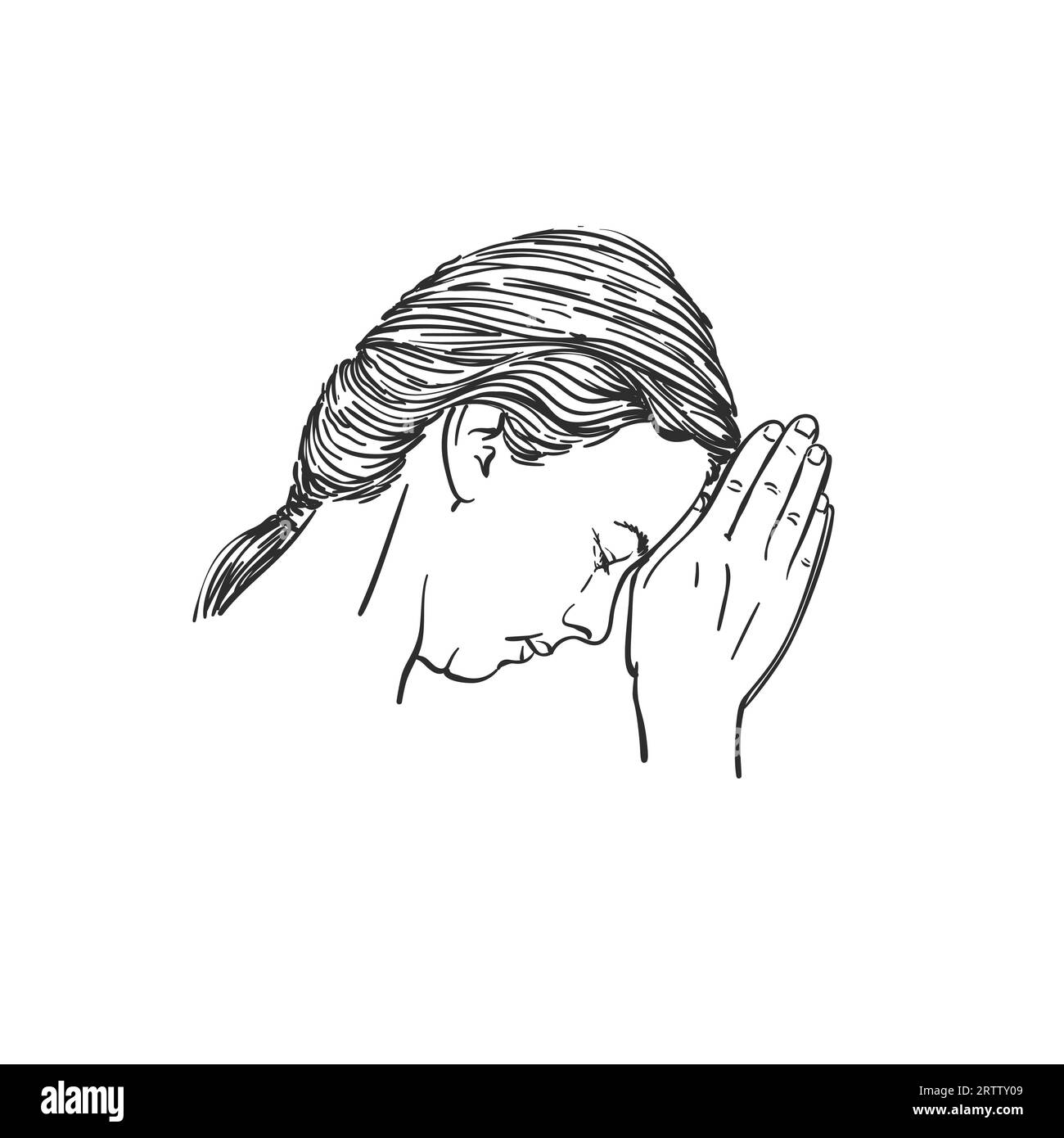 Sketch of isolated head of woman praying with hands folded in worship