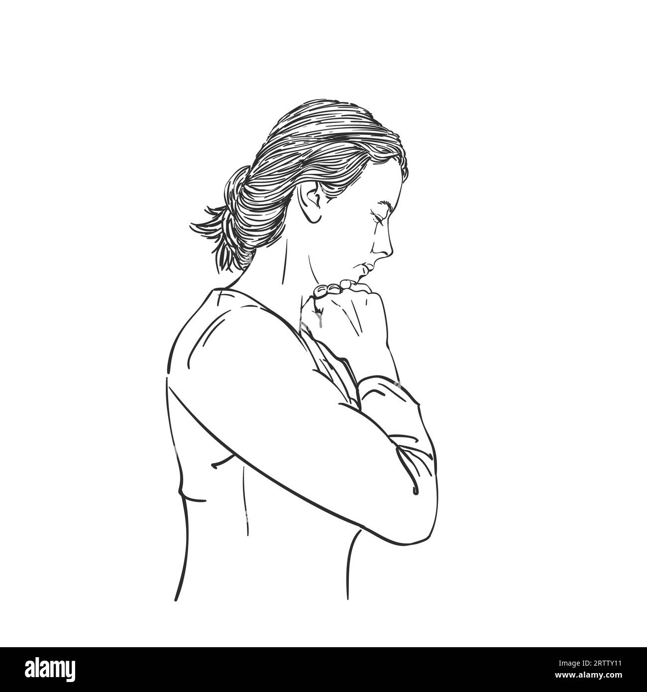 Sketch of woman praying with fists under chin, head down and eyes