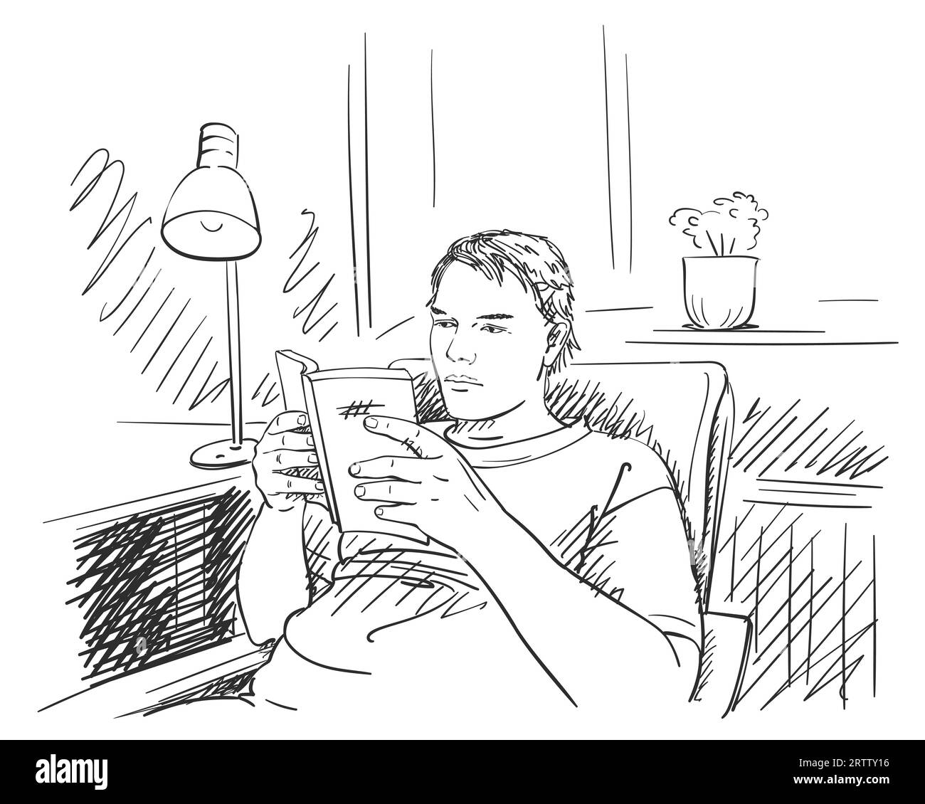 Sketch of man reading book in comfortable home atmosphere, Hand drawn vector illustration with hatched shades Stock Vector