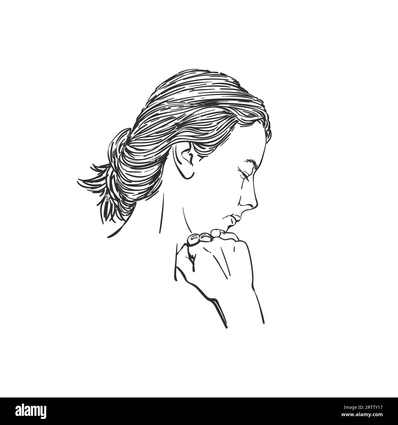 Sketch of woman praying with fists under chin, head down and eyes