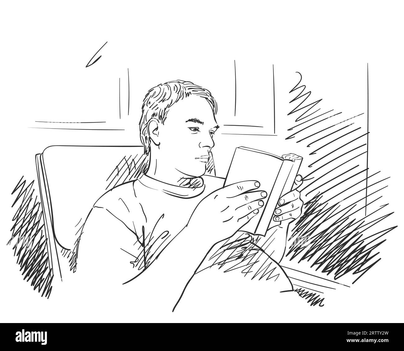 Sketch of man reading book, Hand drawn vector illustration with hatched shades Stock Vector