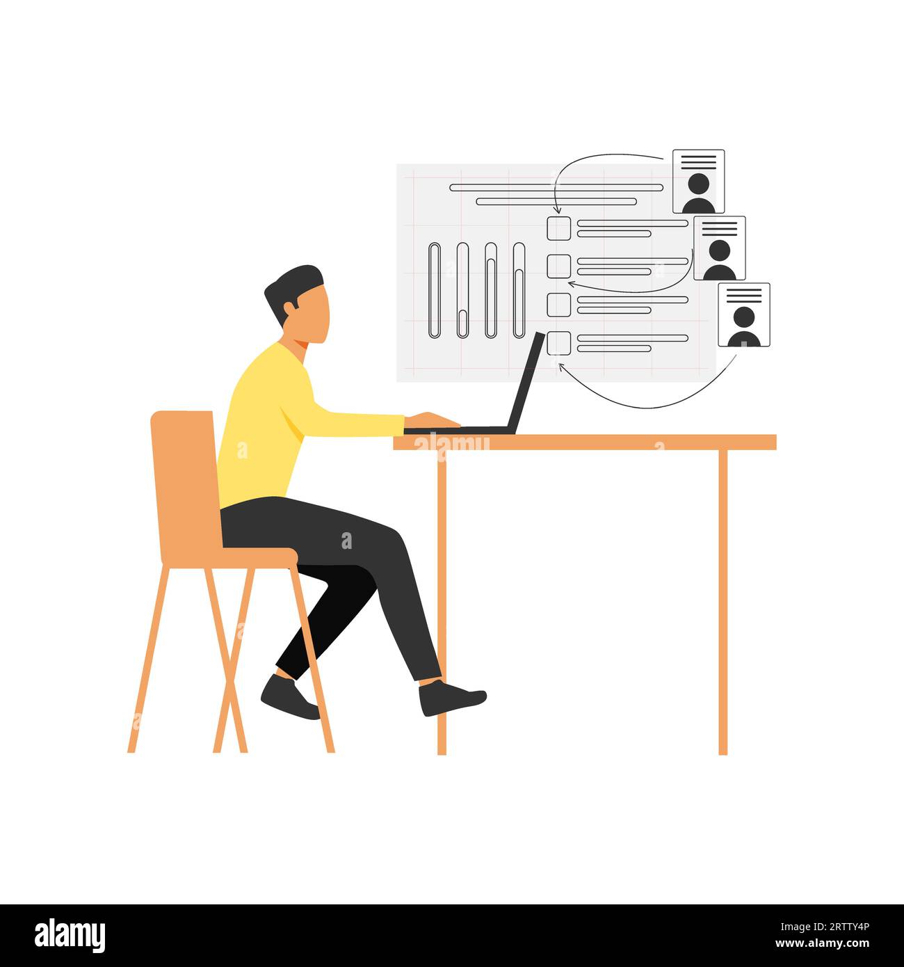 Man sitting at desk and working on laptop. Flat style design vector business and finance illustration. Stock Vector