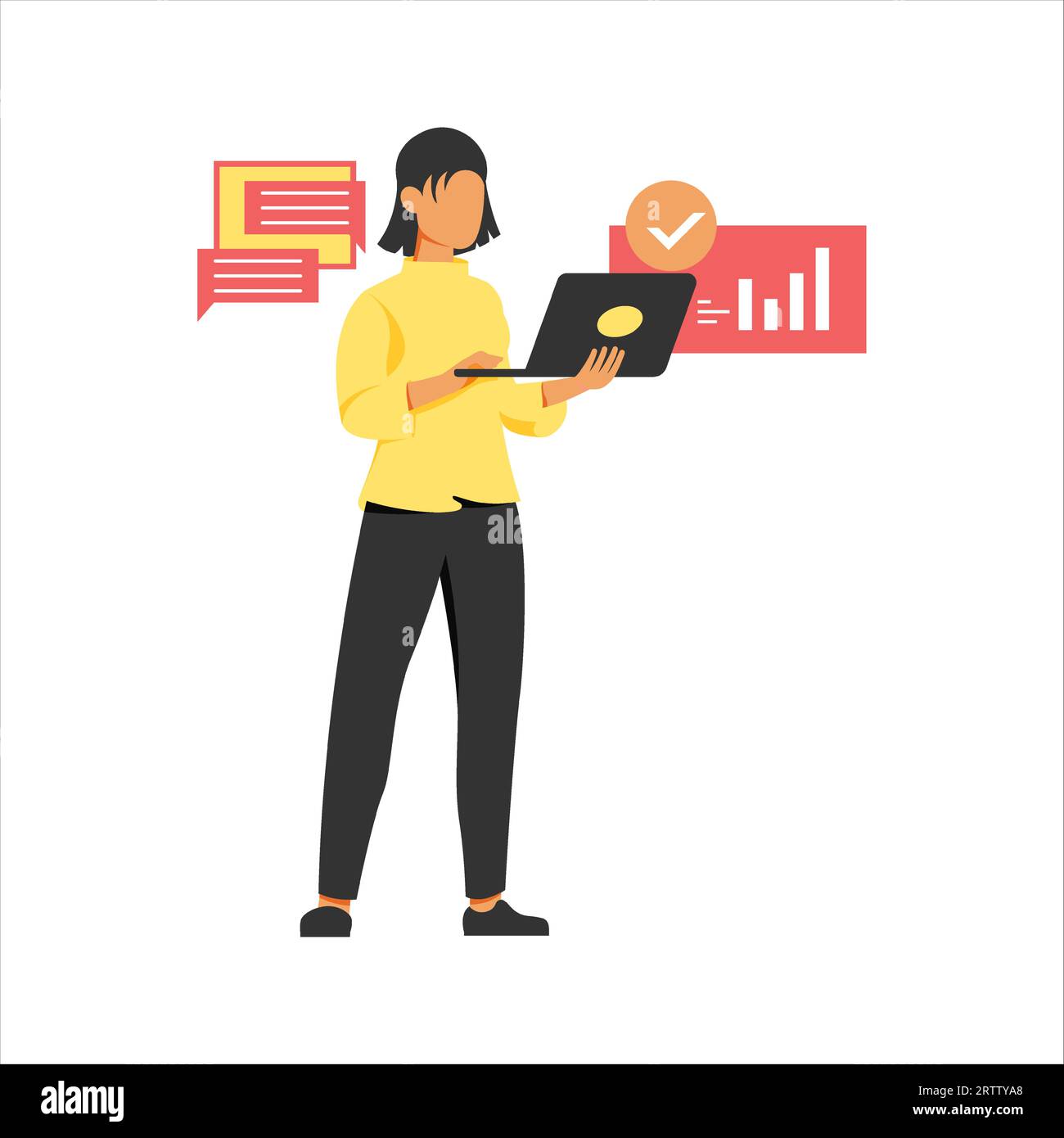 Businesswoman using laptop and speech bubble. Vector illustration in flat style for business and marketing conceptual design Stock Vector