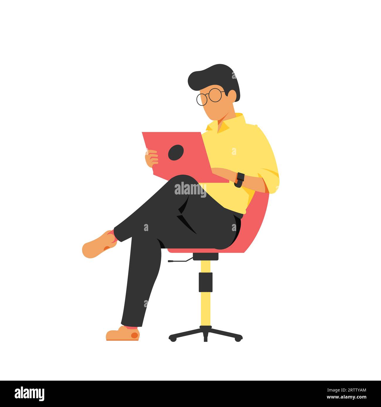Illustration of a man sitting on a chair and using a laptop. Flat style vector for business conceptual design Stock Vector