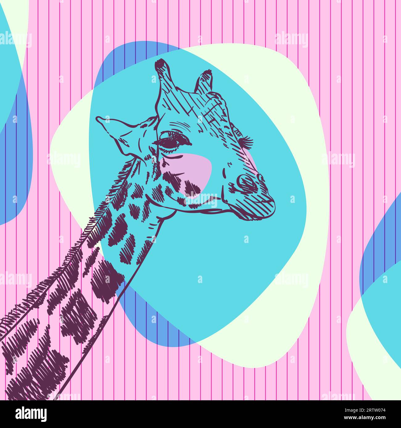 Sketch of giraffe head on blue and pink color abstract streamlined