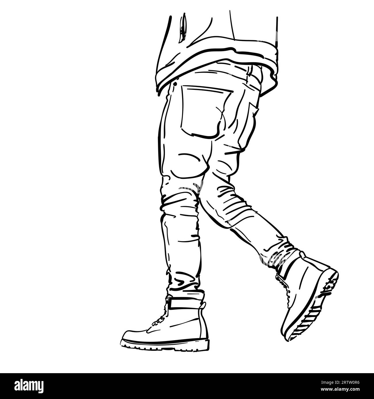 Drawing of man's legs in tight jeans and boots, Walking male legs isolated. Vector sketch Hand drawn illustration Stock Vector