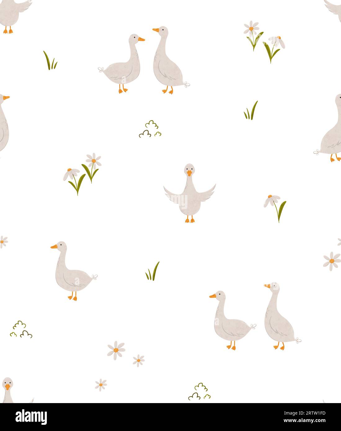 Seamless minimal pattern with goose and simple daisy flowers. Domestic geese and chamomile background in scandinavian style. Scandi repeating texture Stock Photo
