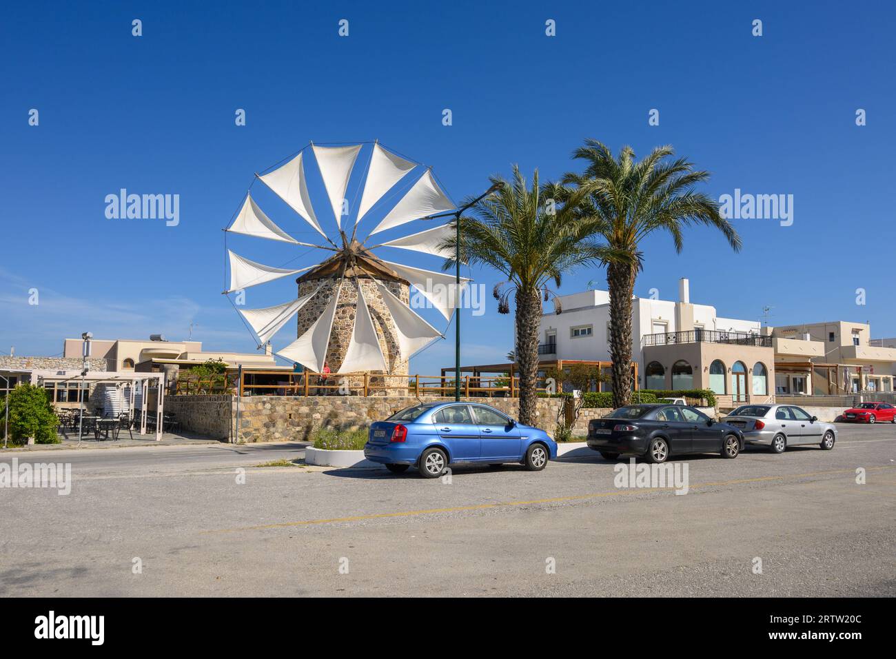 Kos, Greece: May 8, 2023 - Traditional Greek windmill. Kos island, Greece Stock Photo