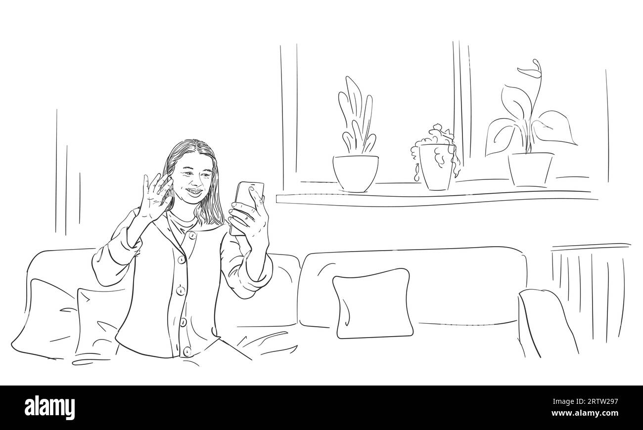 Woman talking video call on smartphone and waiving with hand, sitting on sofa in comfortable relaxing home atmosphere, self isolation, Hand drawn line Stock Vector