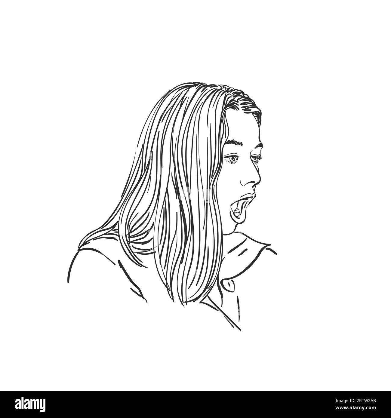 Sketch of surprised young woman looking down sideways in excitement, Vector Hand drawn linear portrait illustration Stock Vector
