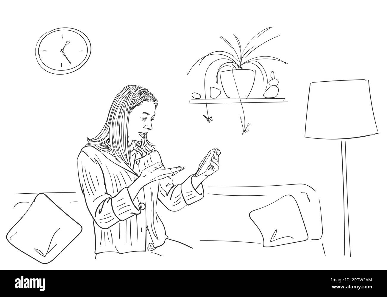 Young woman talking video call on smartphone, sitting on sofa in comfortable home atmosphere, self isolation at coronavirus quarantine time, Hand draw Stock Vector