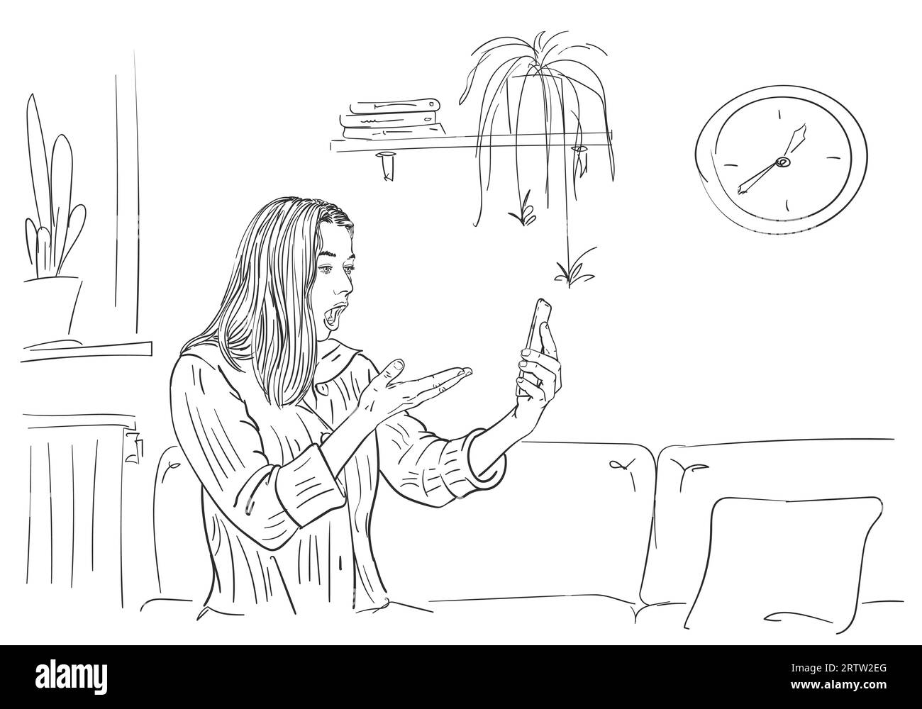Excited woman got shocking news on smartphone, sitting on sofa in comfortable home atmosphere, self isolation at coronavirus quarantine time, Hand dra Stock Vector