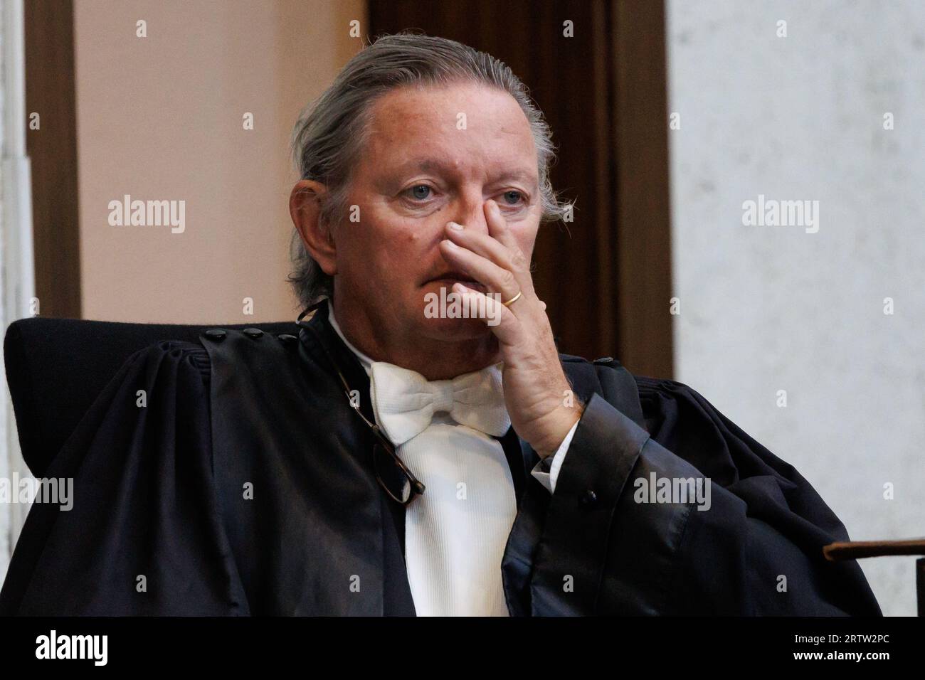 Brugge, Belgium. 15th Sep, 2023. Public prosecutor Tom Janssens pictured during the first session in the trial concerning the robbery and murder of Roland Roelens, before the Assizes Court of West-Flanders, in Brugge, Friday 15 September 2023. Roland Roelens (66) had his throat slit in October 2016, but the suspected perpetrator, his neighbour Nico Torck, has died. The neighbour's wife, their daughter and an acquaintance still have to answer for their part in the facts. BELGA PHOTO KURT DESPLENTER Credit: Belga News Agency/Alamy Live News Stock Photo