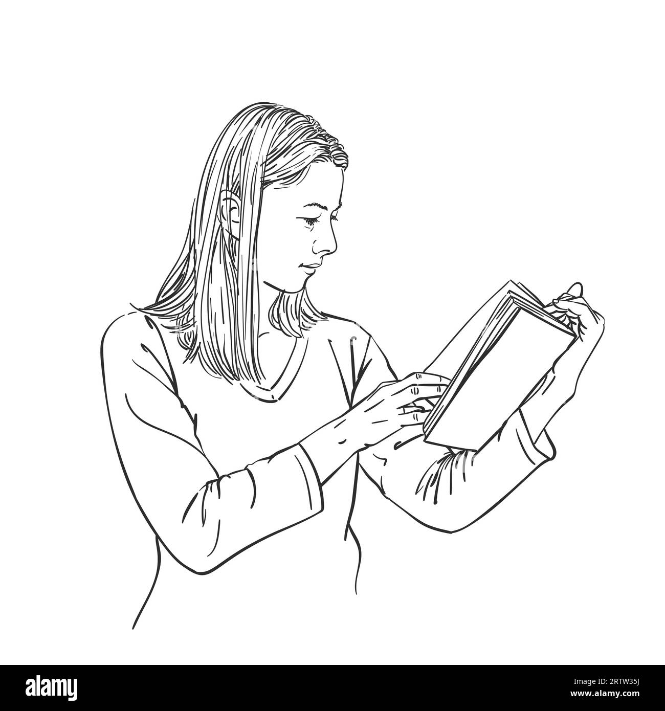 Premium Photo  Cute girl reading a big book. ink black and white drawing
