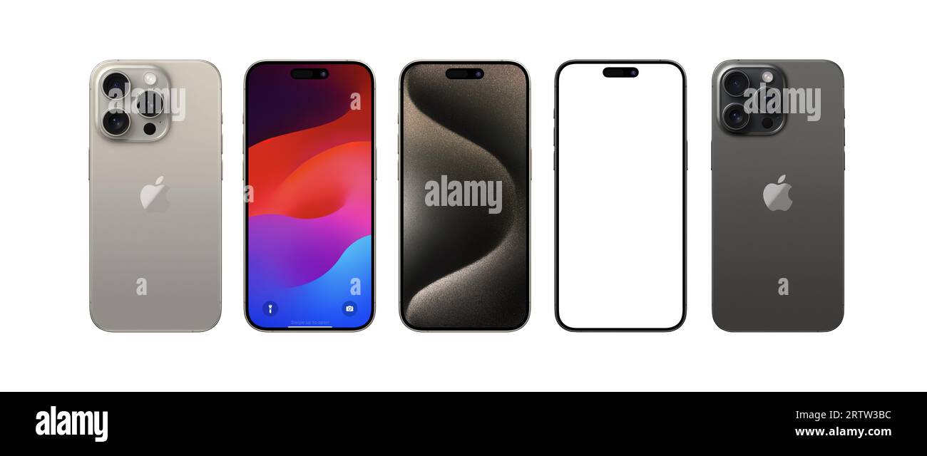 Antalya, Turkey - September 14, 2023: Newly released Natural Titanium iPhone 15 pro mockup set with back and front angles Stock Photo