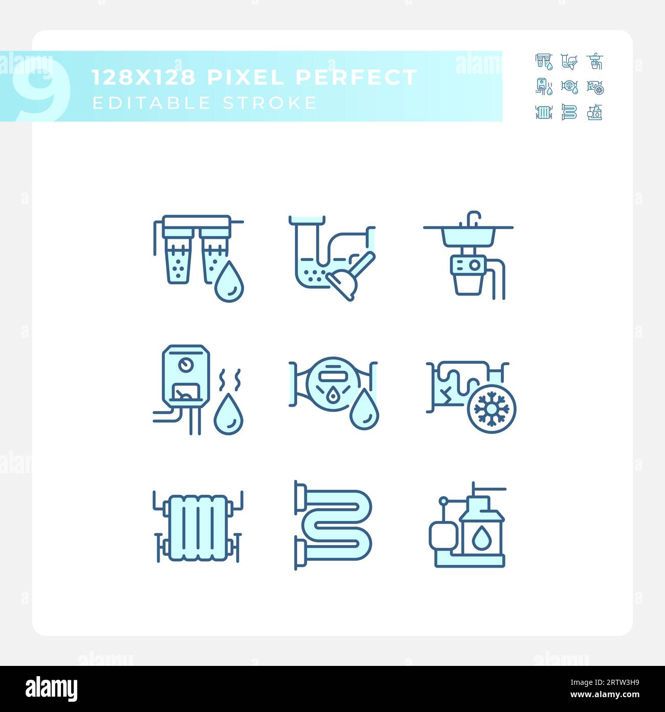 2D editable pixel perfect blue plumbing icons Stock Vector