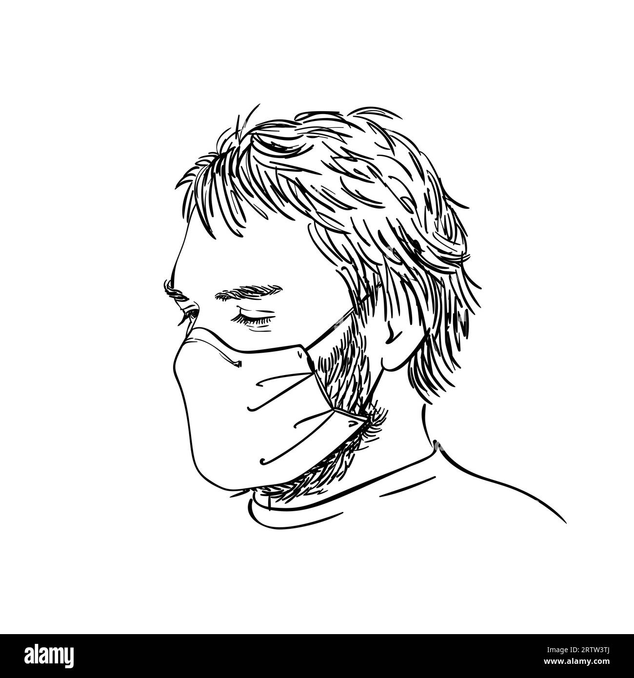 Sketch of bearded man portrait in medical face mask with closed eyes, Vector hand drawn illustration Stock Vector