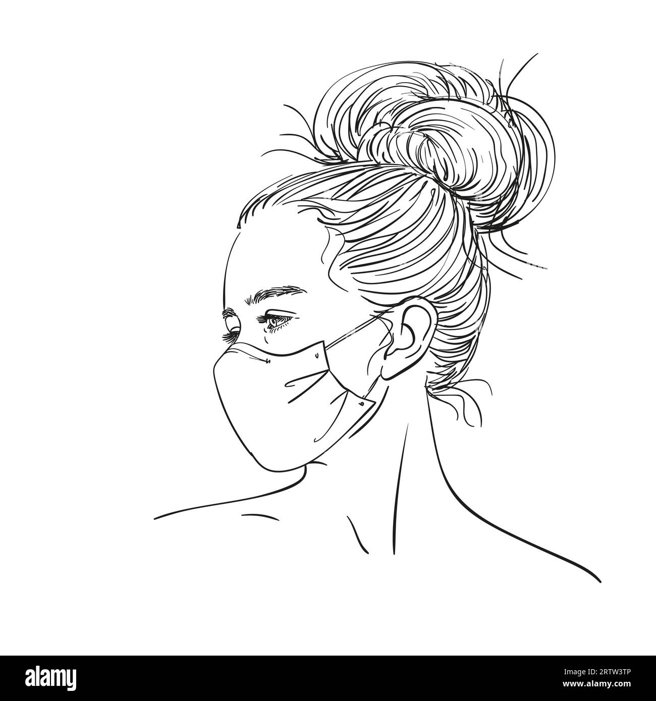 Sketch of teenage girl portrait in medical face mask and with long hair tied in stylish bun, Vector hand drawn illustration Stock Vector
