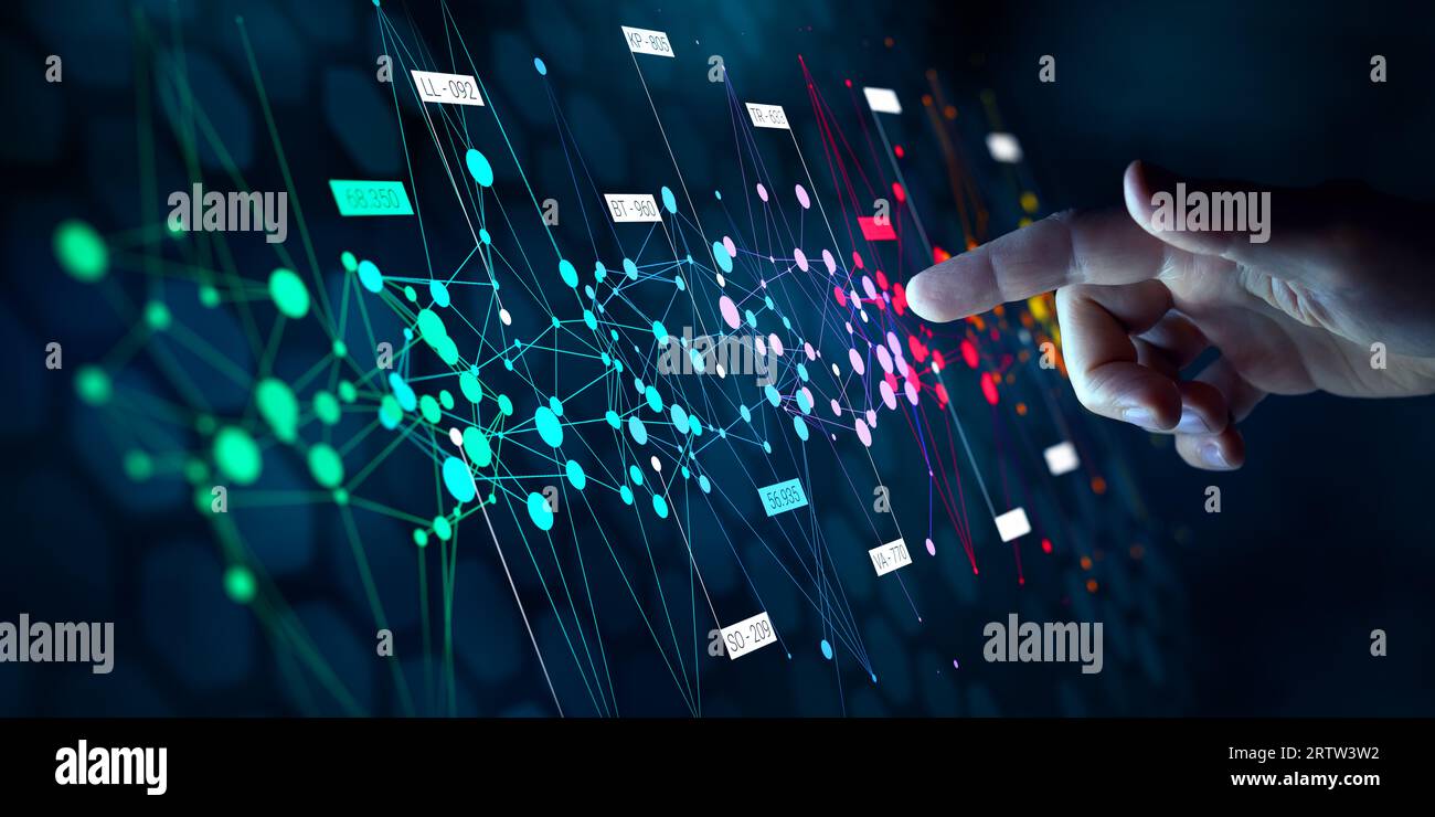 Big data analytics with AI technology. Data analyst analyzing and visualizing complex information network with artificial intelligence. Machine learni Stock Photo