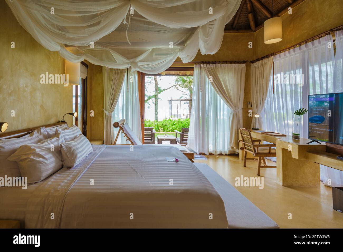 Bedroom Interior of a modern house with a swimming pool, modern pool ...