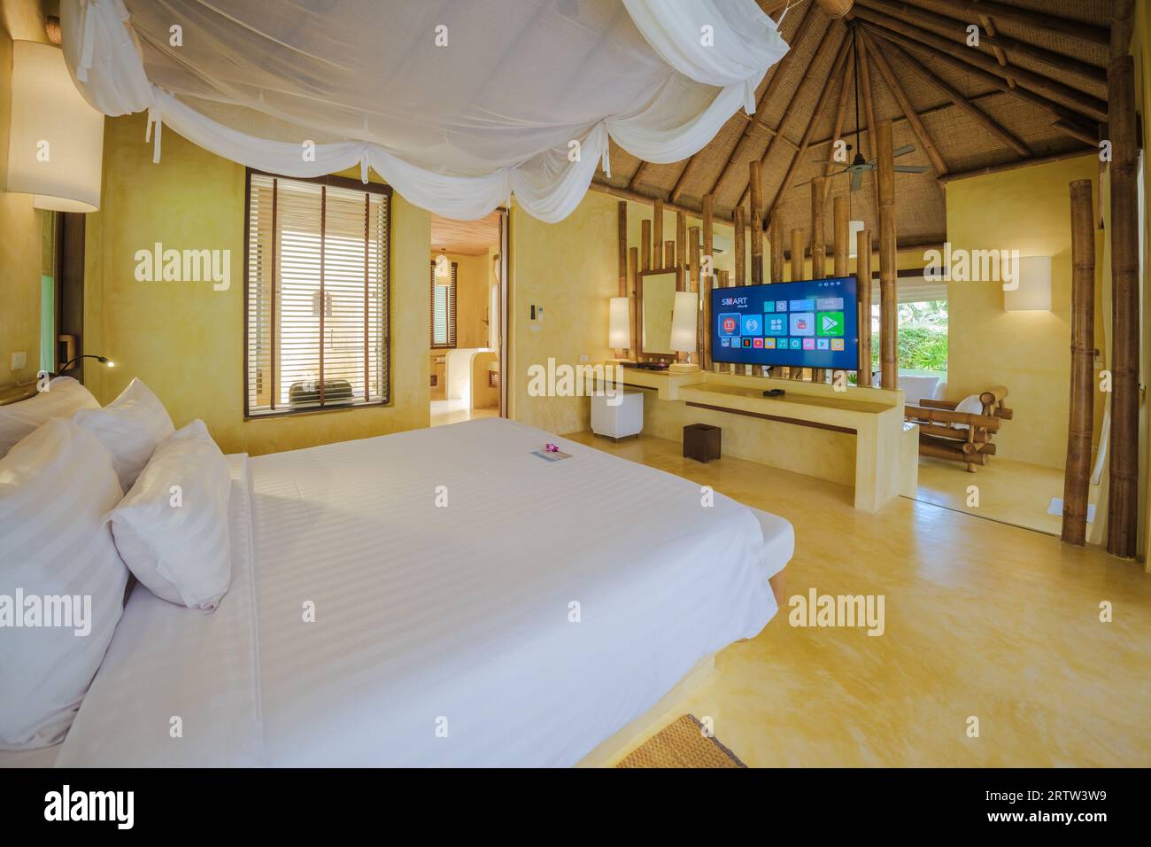 Bedroom Interior of a modern house with a swimming pool, modern pool ...