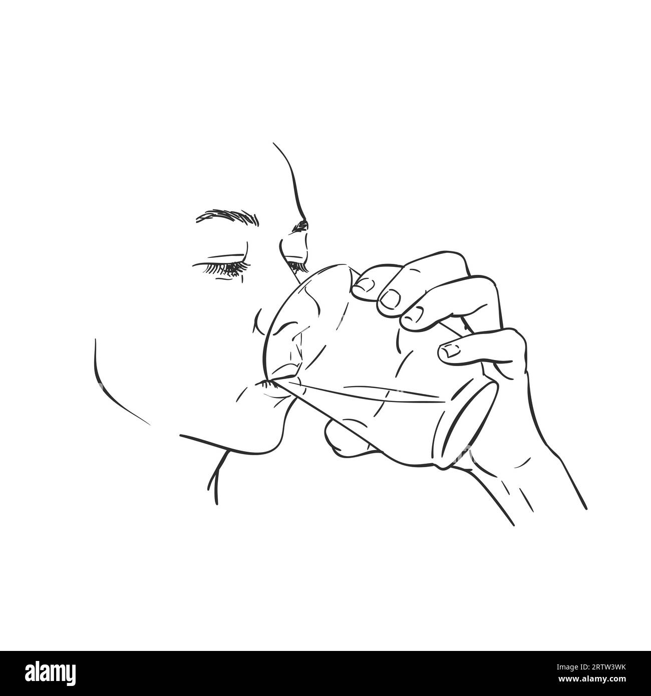 Drawing of young woman drinking clear water. Caucasian female face, holding transparent glass in her hand. Vector sketch Hand drawn minimalist illustr Stock Vector