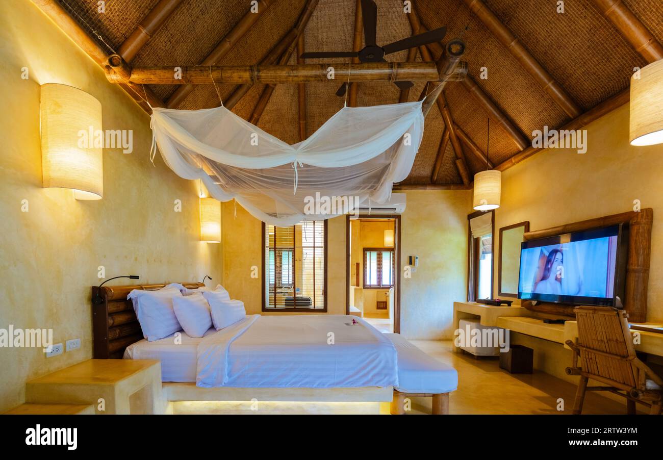 Bedroom Interior of a modern house with a swimming pool, modern pool ...