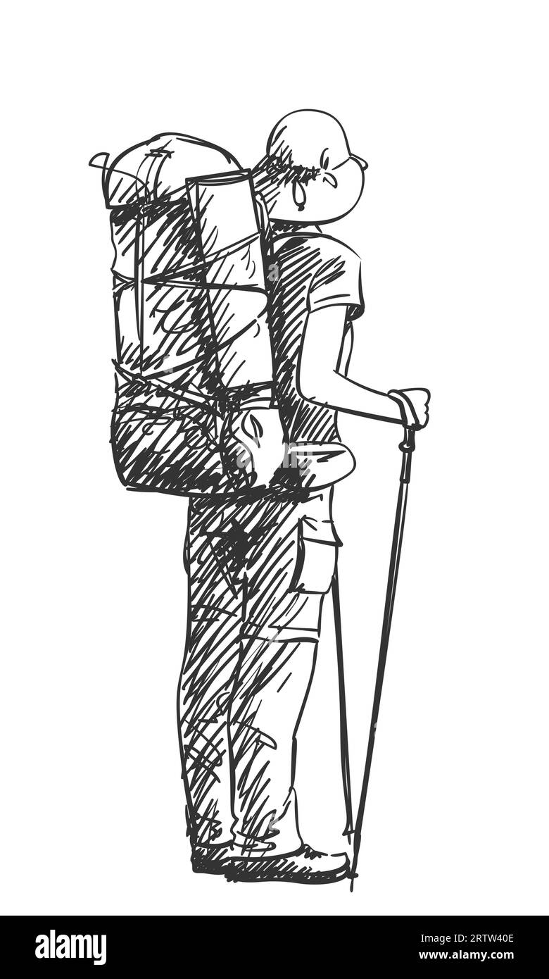 Drawing of girl backpacker hiking, view from back, Vector sketch Hand