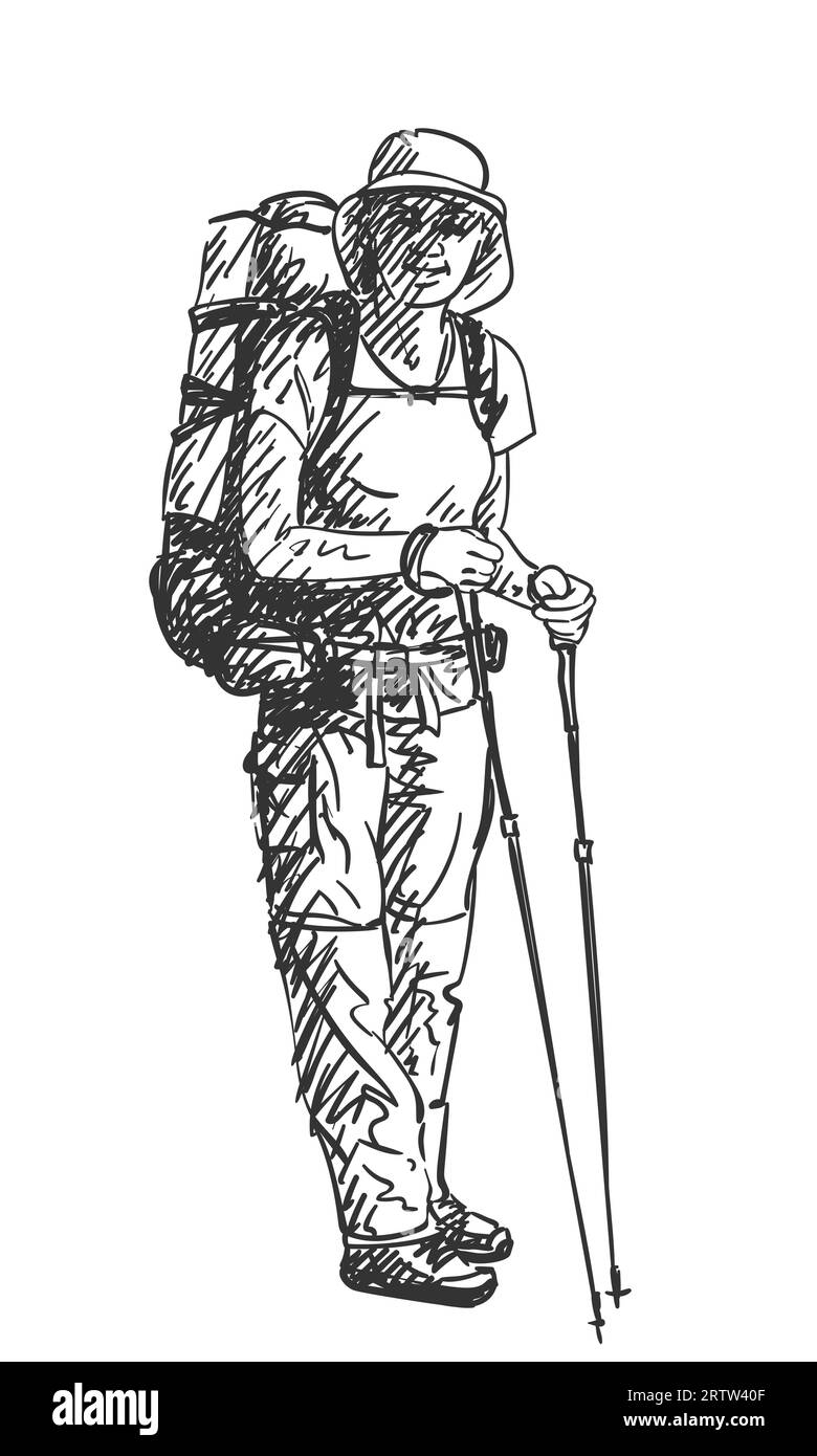 Drawing of girl backpacker hiking, Vector sketch Hand drawn