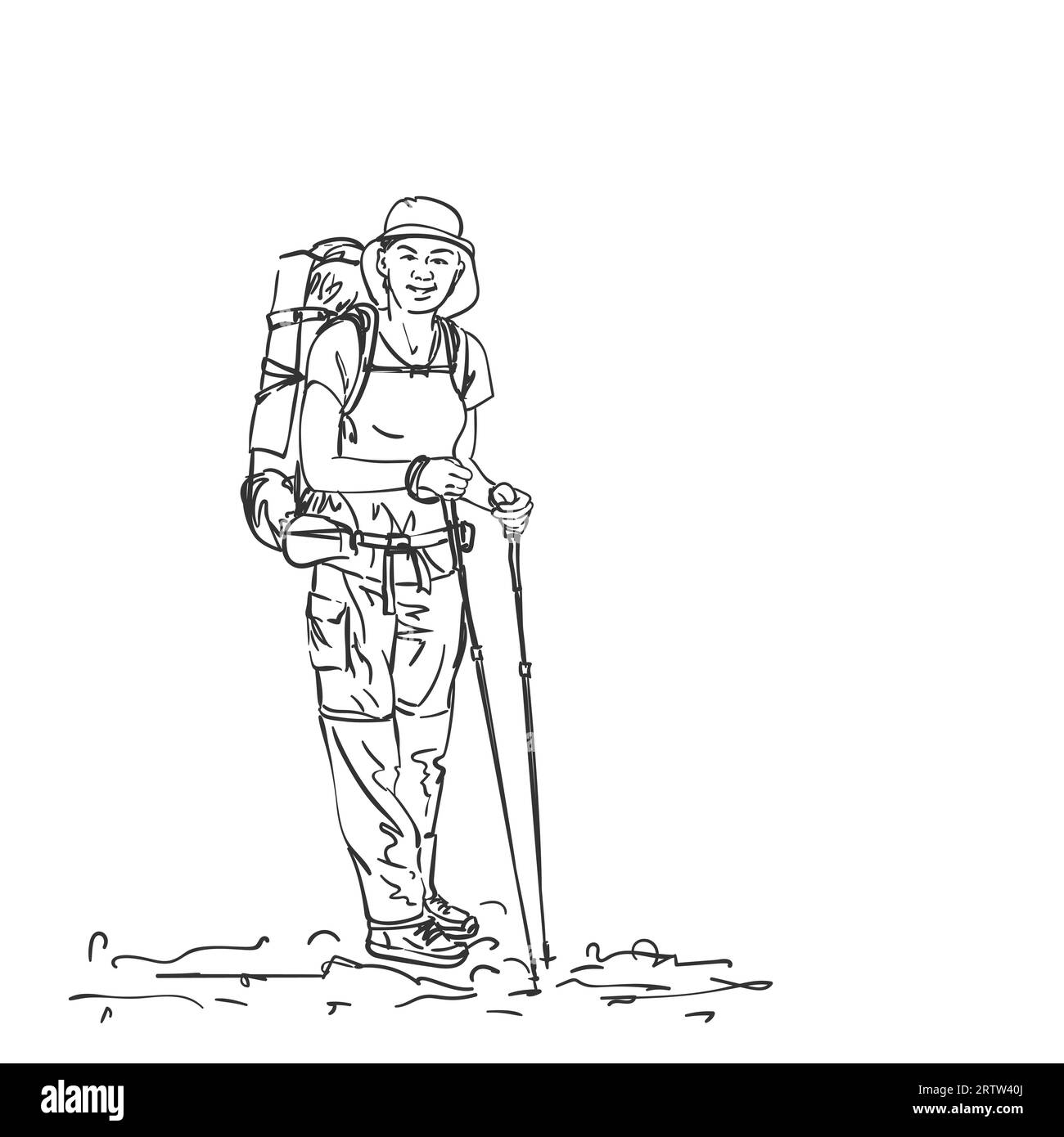 Drawing of girl backpacker hiker, Vector sketch Hand drawn line art illustration isolated Stock Vector
