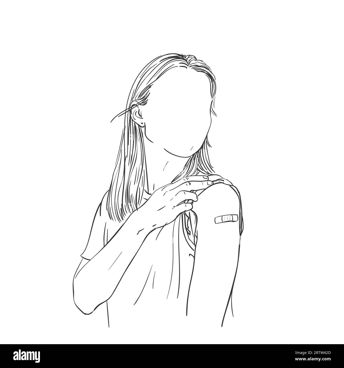 Portrait Of Female No Face Showing Her Arm After Getting Vaccine Vector Sketch Girl With