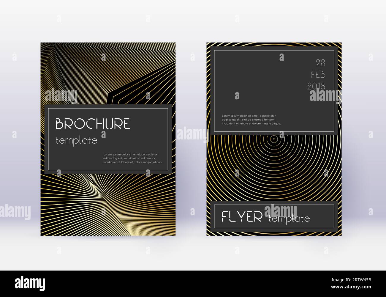 Black cover design template set. Gold abstract lines on black
