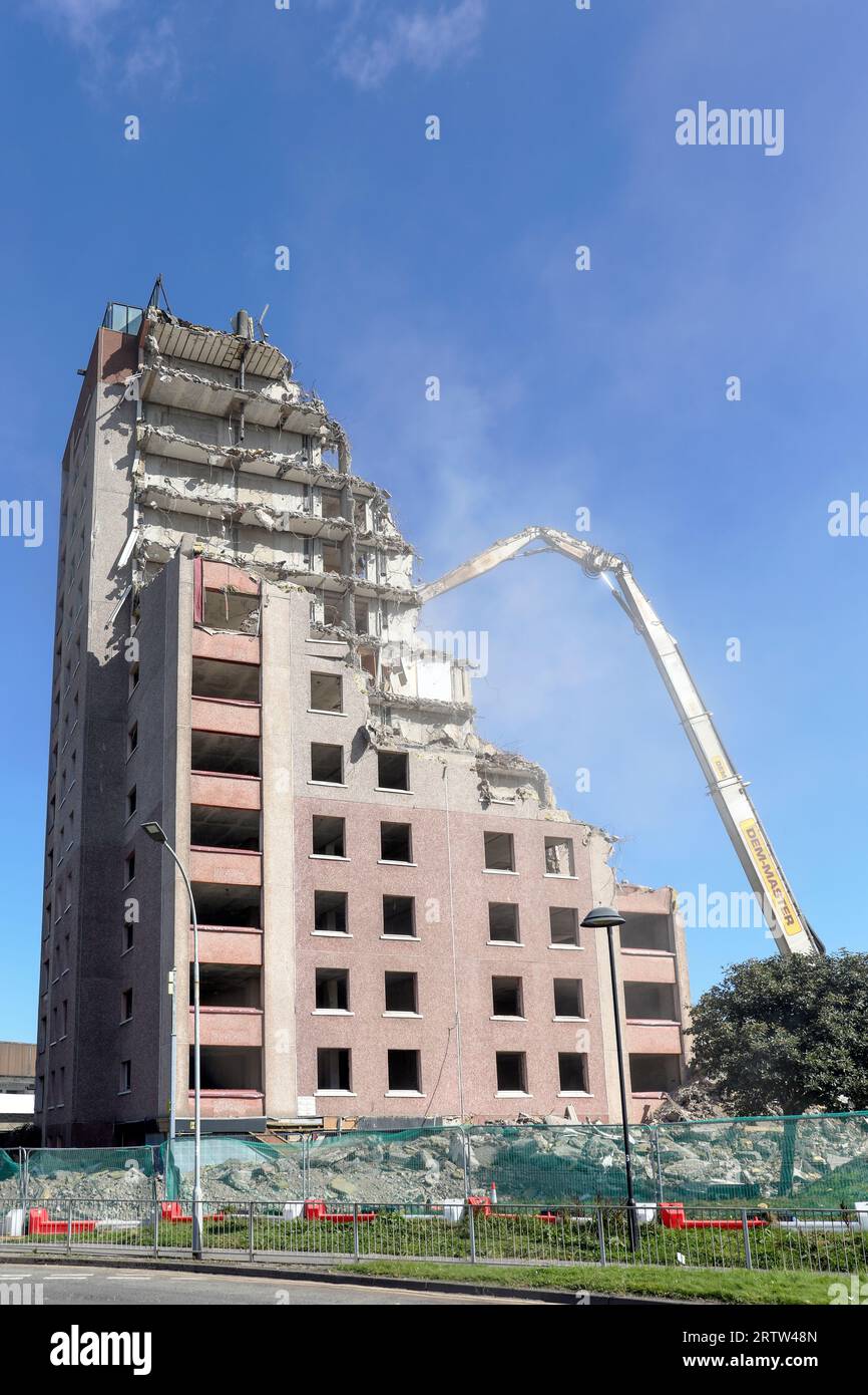 High rise block of flats, Irvine, Ayrshire, Scotland, UK, being