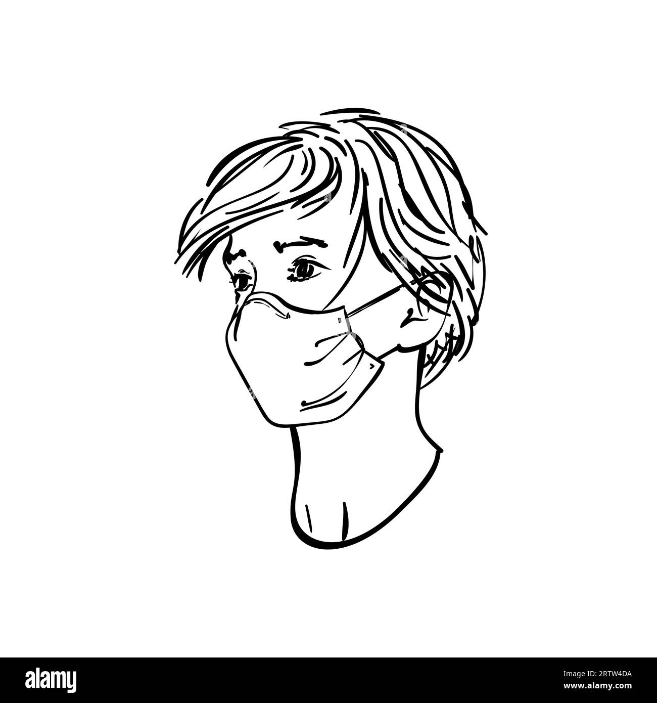 Sketch of young boy portrait in medical face mask, Vector hand drawn