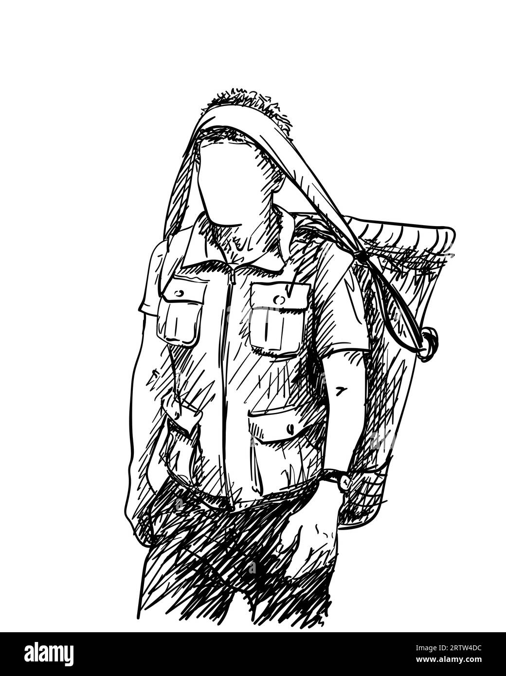 Nepali porter carrying basket on head in traditional way and wearing expedition vest with many pockets, Man with no face, Vector sketch Hand drawn ill Stock Vector