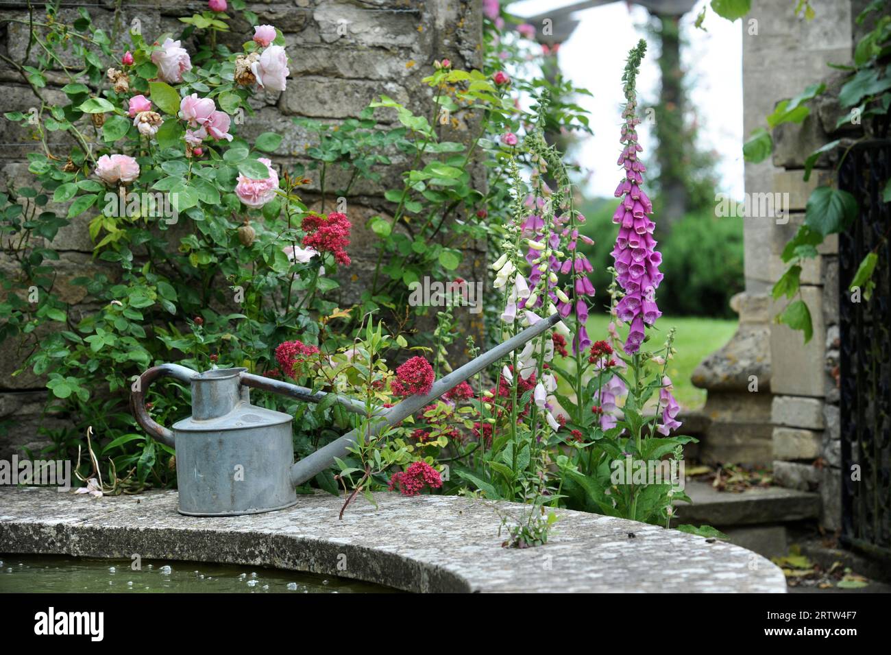 Watering can by a water feature in a walled garden, UK Stock Photo Alamy