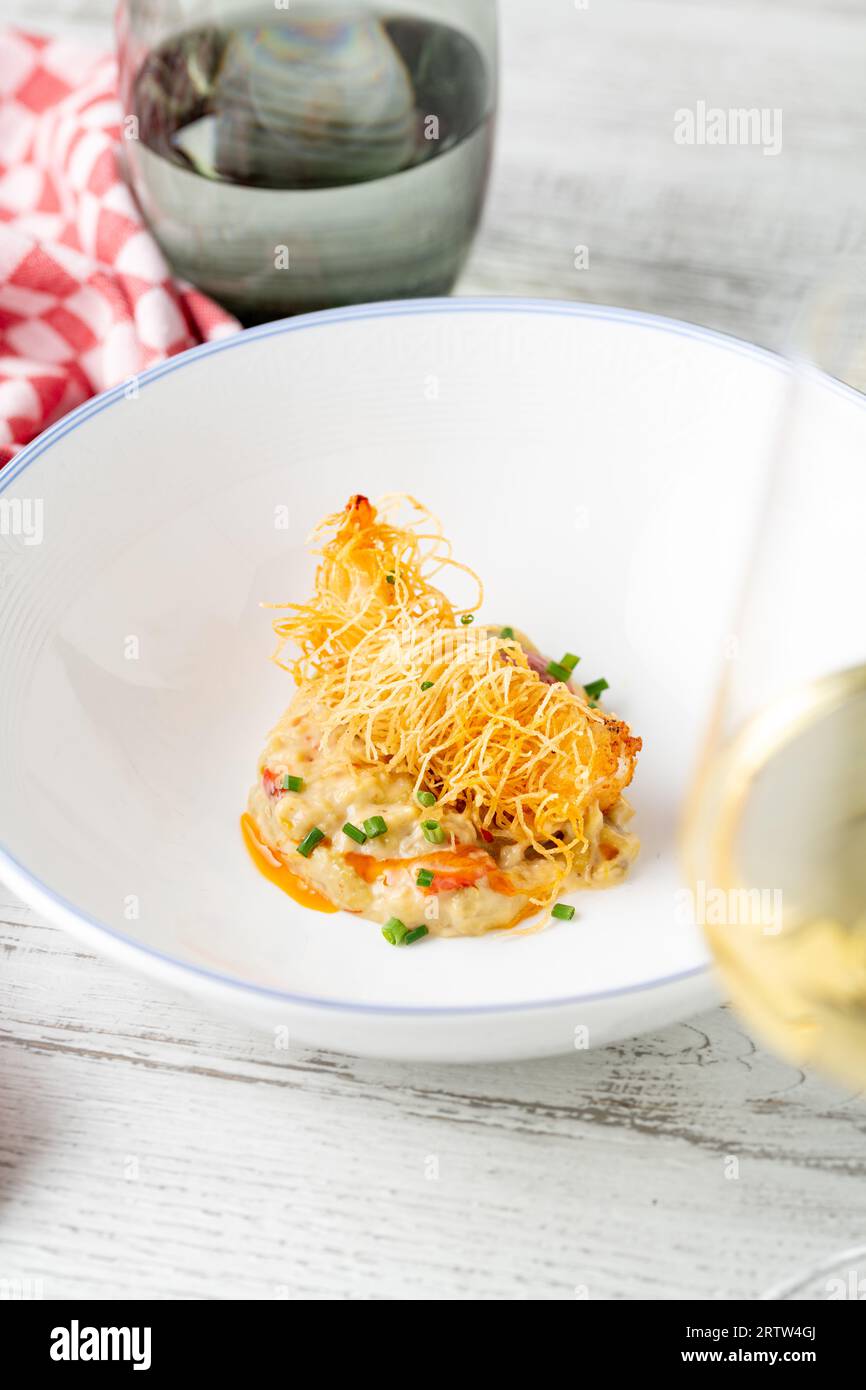 Deep fried tiger prawns wrapped in kataifi. jumbo shrimp wrapped in